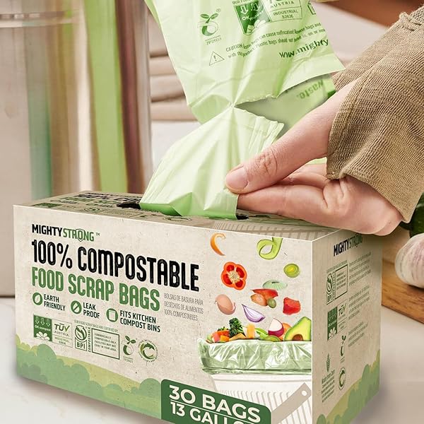 13 GALLON COMPOST BAGS WITH HANDLES – 30 COUNT BIODEGRADABLE TRASH BAGS, COMPOSTABLE TRASH BAGS, 13 GALLON TRASH BAGS, CERTIFIED BY BPI AND OK COMPOST, FOOD SCRAP GARBAGE BAGS, TALL KITCHEN