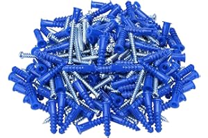 HANGDONE Ribbed Wall Anchors #10-#12 1-1/4-Inch with Screws 100-Pack, Blue, Plastic Anchor for Drywall/Concrete, Pan Head Phillips Screw Included