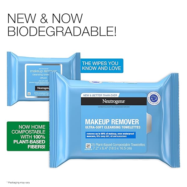 NEUTROGENA MAKEUP REMOVER FACIAL CLEANSING TOWELETTES, DAILY FACE WIPES TO REMOVE DIRT, OIL, MAKEUP & WATERPROOF MASCARA, GENTLE, ALCOHOL-FREE, 25 CT