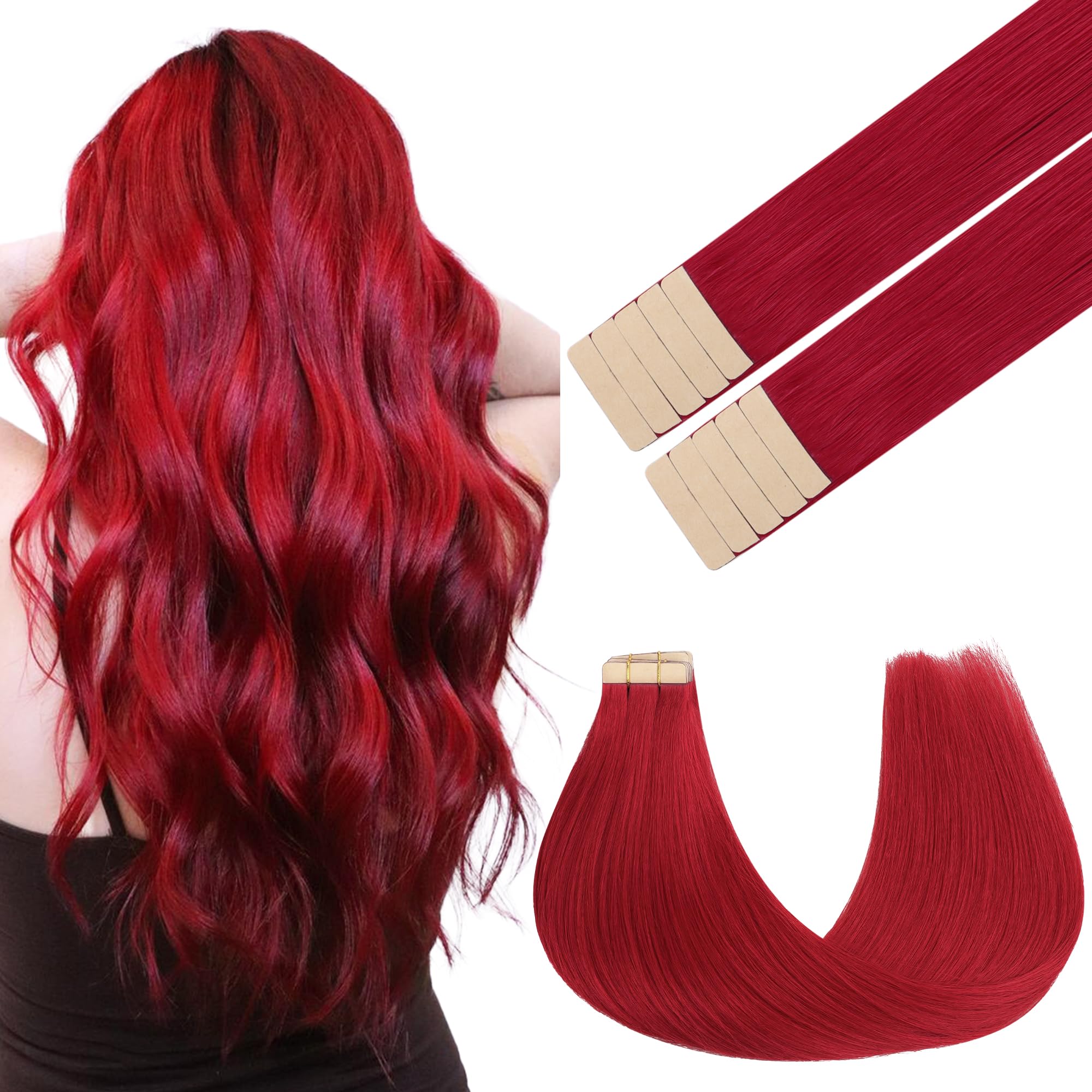 GOO GOO Tape in Hair Extensions Human Hair, Red 10pcs 30g 20inch, Colored Tape ins Human Hair Extensions, Silky&Soft Invisible Tape Ins, Straight Remy Hair Highlighted for Party — image 1