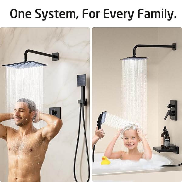 KES BLACK BATHTUB SHOWER FAUCET SET WITH 12″ RECTANGLE RAIN SHOWER HEAD, SHOWER SYSTEM WITH 3-MODES HANDHELD SPRAY AND WATERFALL TUB SPOUT, CUPC ANTI-SCALD VALVE INCLUDED, XB6336S12-BK
