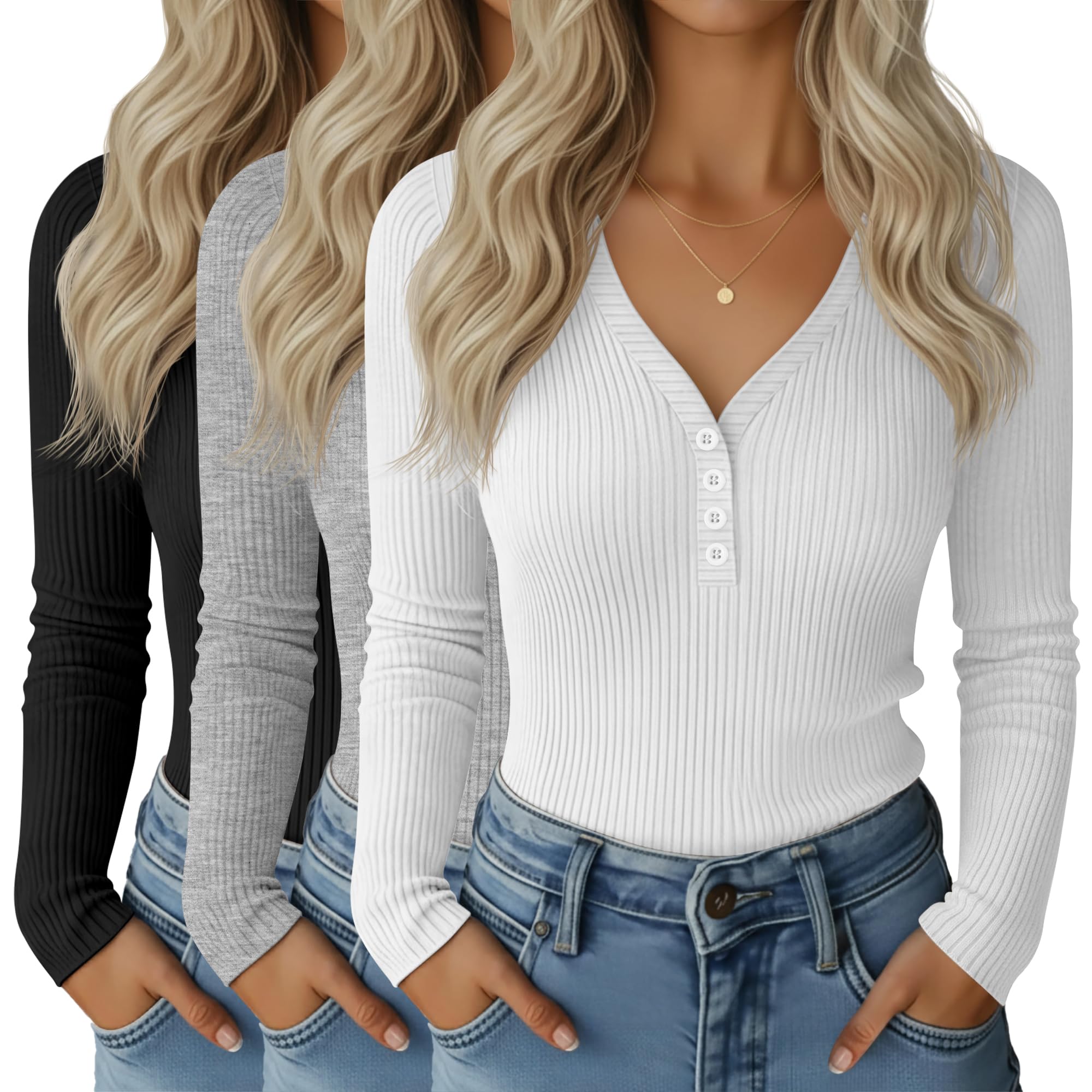 Photo 1 of *** 1 PACK *** Huukeay 3 Pack Women's Ribbed Henley Long Sleeve Shirts, Button V Neck Tunic Tops Slim Fit Casual Soft Basic Knit Tee Blouse(Black, White, Gray,M)
