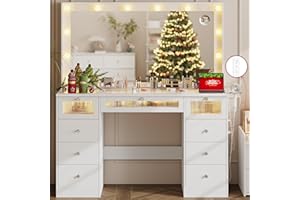 IFSEB Makeup Vanity Desk with LED Lights and Large 36.9’’ Mirror, 9 Drawers Vanity with Glass Top & 3 Color Hollywood Bulbs, Make Up Vanity with Charging Station & Crystal Knobs for Woman, White