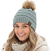 C.C Trendy Fuzzy Fleece Lined Warm Comfortable Soft Stretch Cable Knit Ribbed Faux Fur Pom Pom Beanie Hat