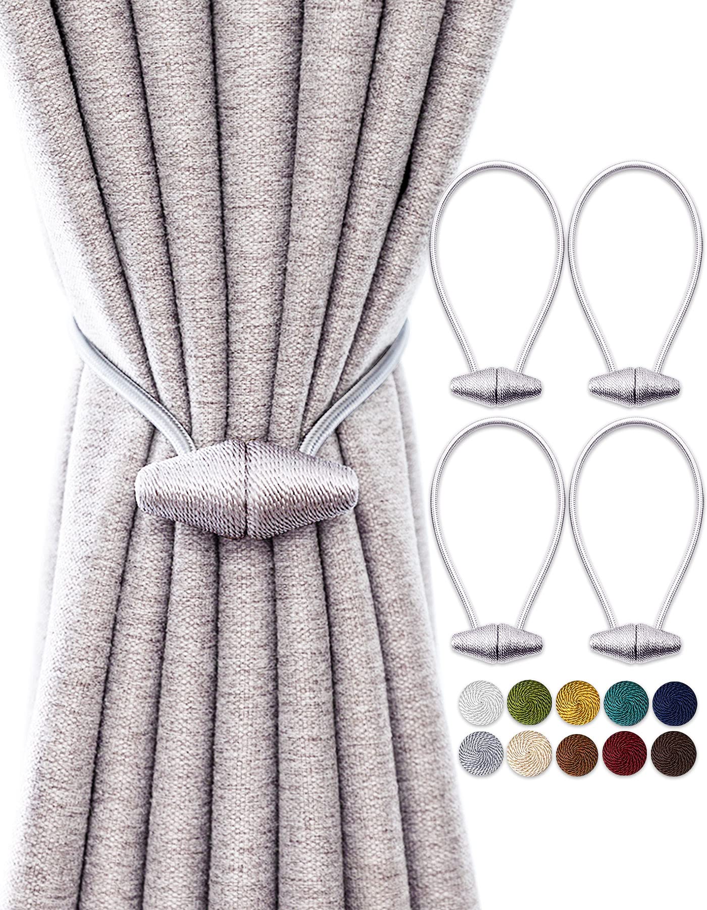 TECVINCI Magnetic Curtain Tiebacks with Upgrade Larger Magnet, 4 Pack 40cm Drapery Holdbacks for Indoor & Outdoor Curtain - Silver Grey