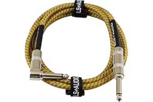 GLS Audio Instrument Cable - Amp Cord for Bass & Electric Guitar - Straight to Right Angle 1/4 Inch - Brown/Yellow Braided Tweed - 6ft Electric Guitar Cable