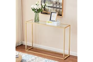 Wimarsbon Gold Console Table, Glass Sofa Tables, Modern Open Hallway Table, Narrow Entryway Table, Slim Accent Porch Table, Couch Side Table with Golden Metal Frame, Easy Assembly
