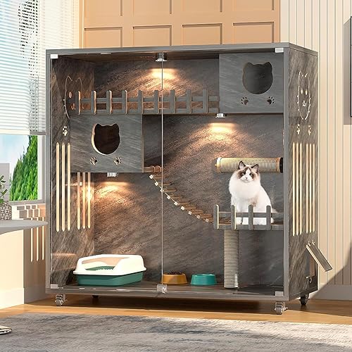 HUATOL Large Wooden Cat House for Outdoor and Indoor Cats, Multi-Feature  Cat Condo with Cat Scratching Posts and Wheels, Enclosed Condo for Indoor 