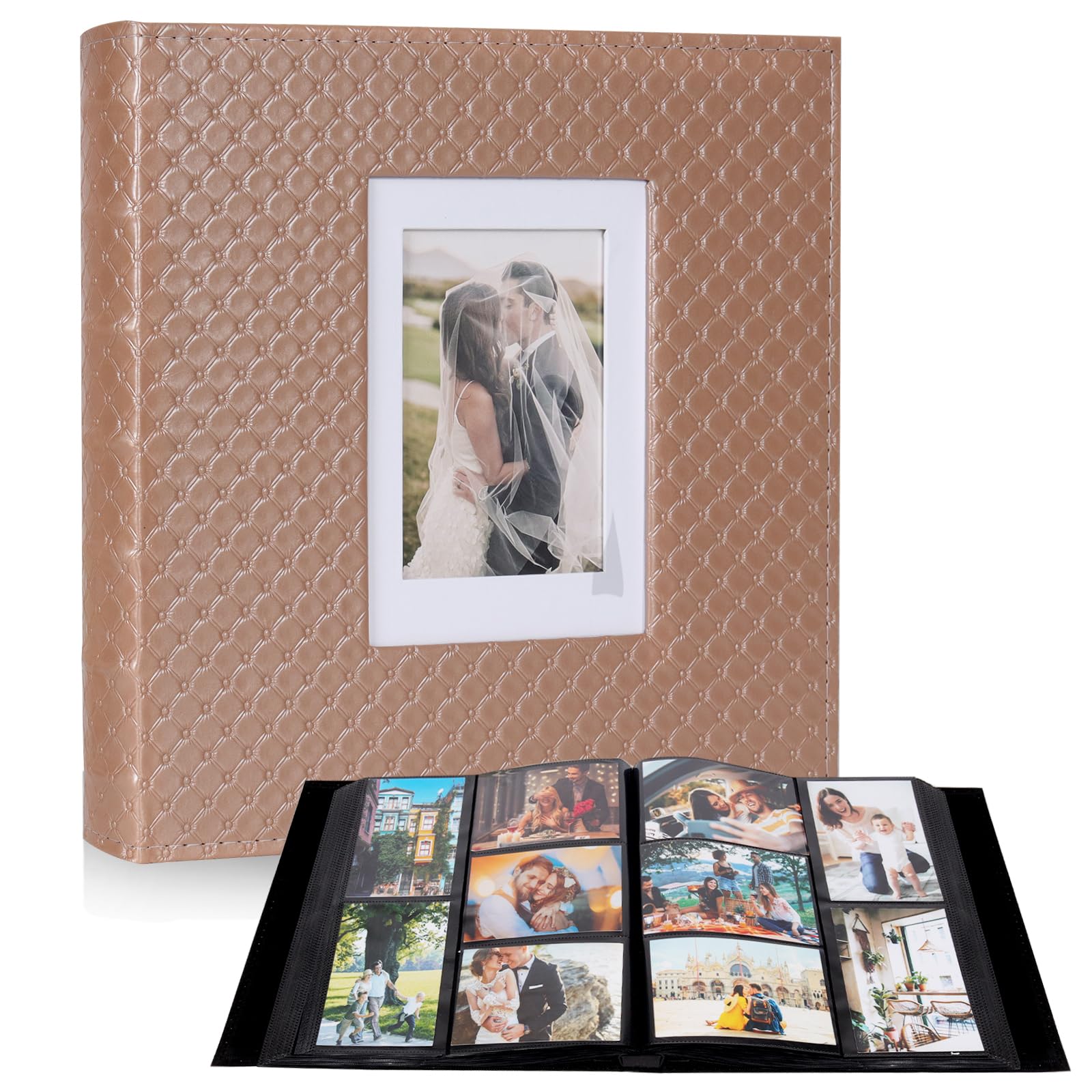 RECUTMS 6x4 Photo Album 600 Photos Large Capacity Black Inner Page Button Grain Leather Pockets Pictures Album Family Photo Albums Book Horizontal and Vertical Photos (Light Brown)