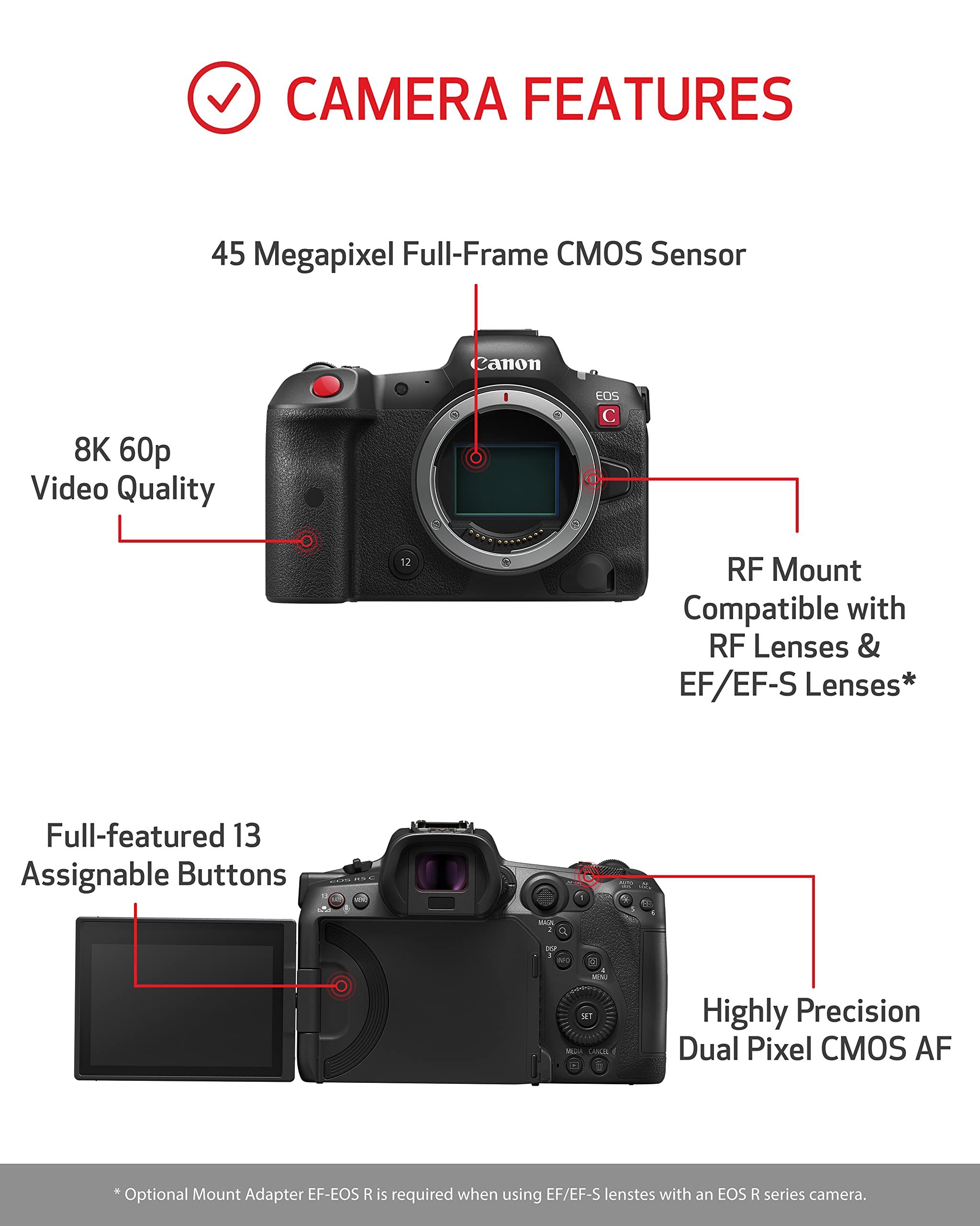 Canon EOS R5 C Mirrorless Camera (Body Only), 45 Megapixel CMOS Sensor, Hybrid Full-Frame Cinema Camera, 8K/60P Internal RAW Recording, RF Mount, Black