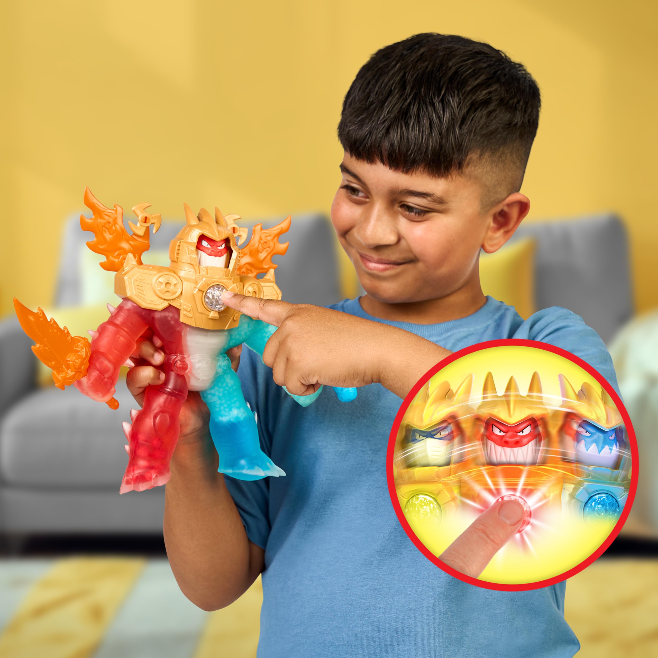 Heroes of Goo Jit Zu Goo-Tron Supreme Combines The Power of Blazagon, Pantaro & Thrash in 1 Ultimate Hero, with 3 Different Goo Fillings, 35+ Phrases & Lights, Face Swap & Triple Attack Feature