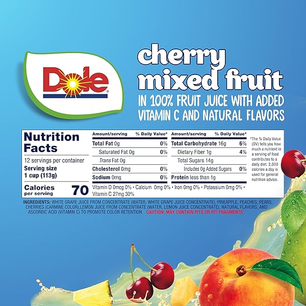 DOLE FRUIT BOWLS CHERRY MIXED FRUIT IN 100% JUICE SNACKS, 4OZ 12 TOTAL CUPS, GLUTEN & DAIRY FREE, BULK LUNCH SNACKS FOR KIDS & ADULTS
