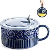 Gomakren Ceramic Soup Bowl with Handle &amp; Airtight Lid, 39oz Extra Large Mug | Vented Leakproof Lid, 6In Embossed Soup Mug for Noodles, Meal Prep | Microwave Ramen Bowl, Dishwasher Safe, Gift, Cobalt Blue