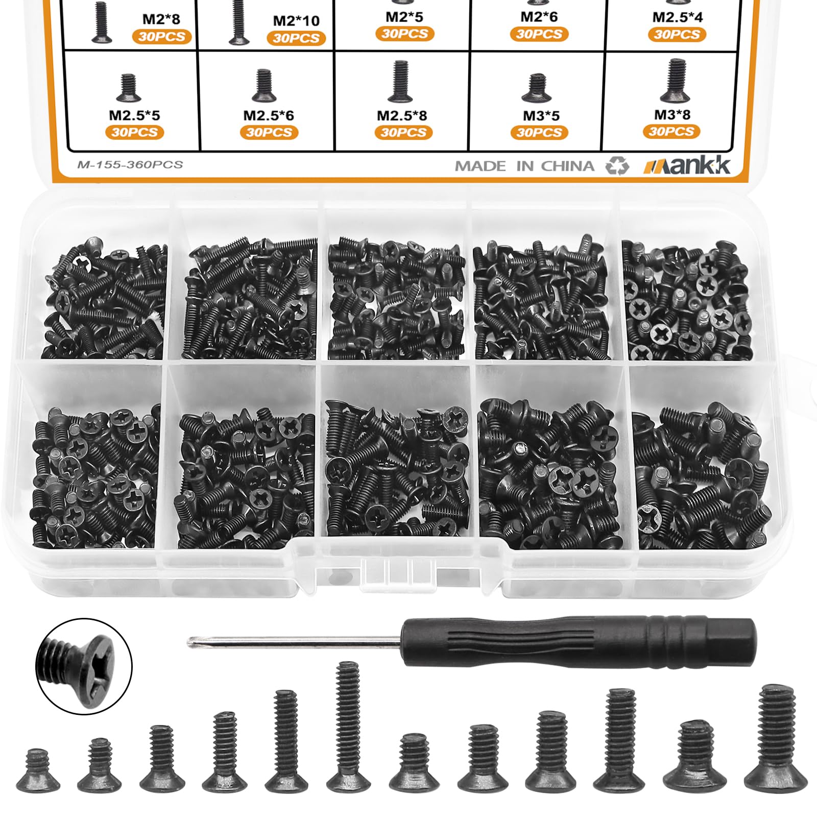 Photo 1 of mankk 360PCS Laptop Screws 12 Sizes M2 M2.5 M3 Replacement Computer Tiny Screws Motherboard Screws with Screwdriver for Laptop PC Repair & DIY M-155-360PCS