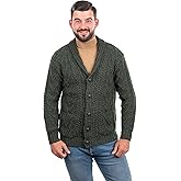 SAOL 100% Merino Wool Men's Aran Cable Knit Shawl Collar Casual Irish Cardigan with Buttons and Pockets