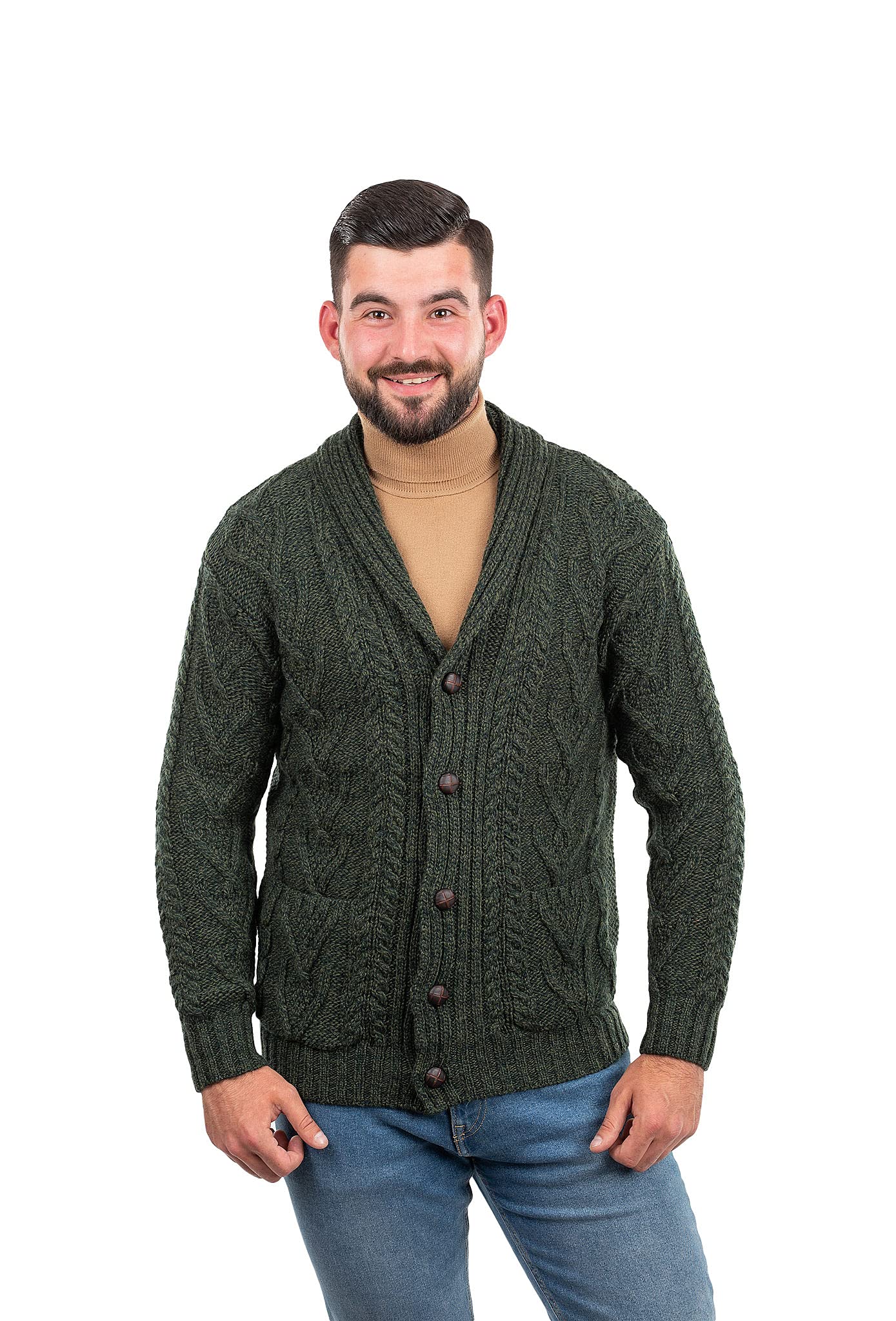 SAOL 100% Merino Wool Mens Aran Cable Shawl-Collar Cardigan, in Charcoal/Army Green/Navy (Army Green, X-Large)