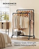 SONGMICS Clothes Rail on Wheels Heavy-Duty with 2 Hanging Rails and Shelf view 2