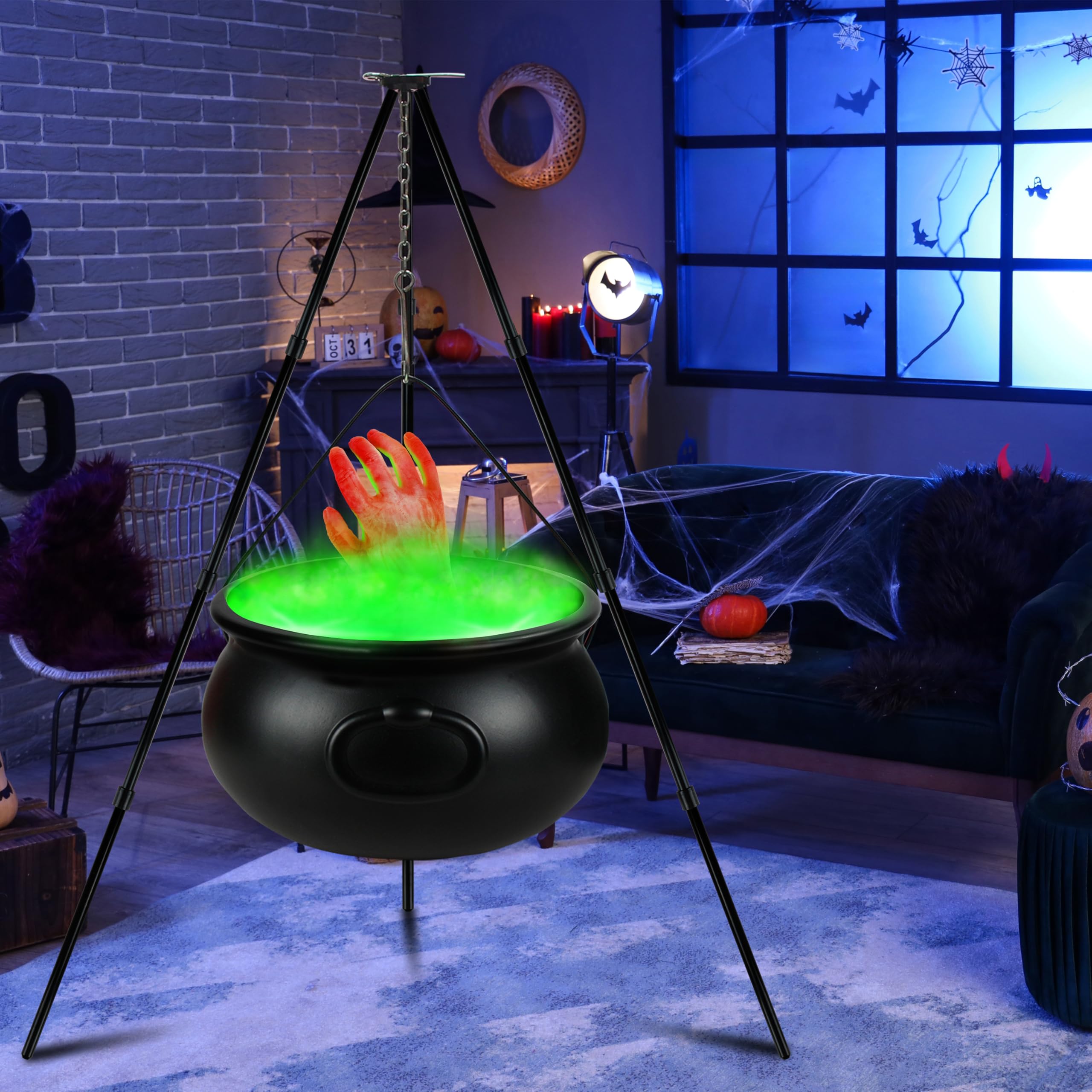 Photo 1 of Halloween Decorations Outdoor, 12.6” Large Witches Cauldron Kettle on Tripod with Fake Hand, LED Lights, Black Plastic Cauldron Candy Bucket Decoration for Yard Home Porch Outside