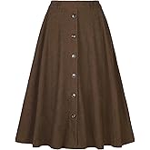 Allegra K Corduroy Skirt for Women Button Front High Waist Vintage Stretch A-Line Flared Casual Midi Skirts with Pockets