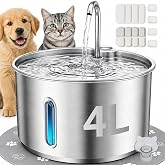 GULUNOOK 4L Dog &amp; Cat Water Fountain, USB Powered, Stainless Steel Tray | 4L USB plug-in fountain with a pump below 30 dB, stainless steel tray, 4 filters, 4 sponges and a silicone mat.