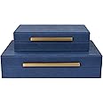 Navy Blue Shagreen Decorative Storage Boxes - Set of 2 Nesting Faux Leather Organizers with Lids, Large Stacking Jewelry Box for Home Decor
