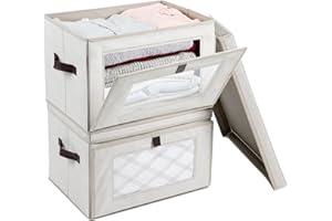 Magnetic Front Opening Fabric Storage Bins with Lids, 2-Pack Grey Storage Box with Window for Closet, Shelf, Nursery, Living 