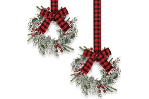 Hiagkmet 9 Inch Christmas Wreaths with Bows, 2Pcs Mini Christmas Candle Rings Wreaths Kitchen Cabinet Wreaths Small Farmhouse