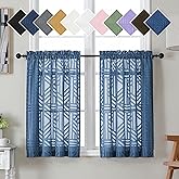 Simplebrand Dusty Blue Sheer Kitchen Curtains 36 Inch Length Tier Curtains 2 Panels, Light Filtering Geometric Jacquard Clip 