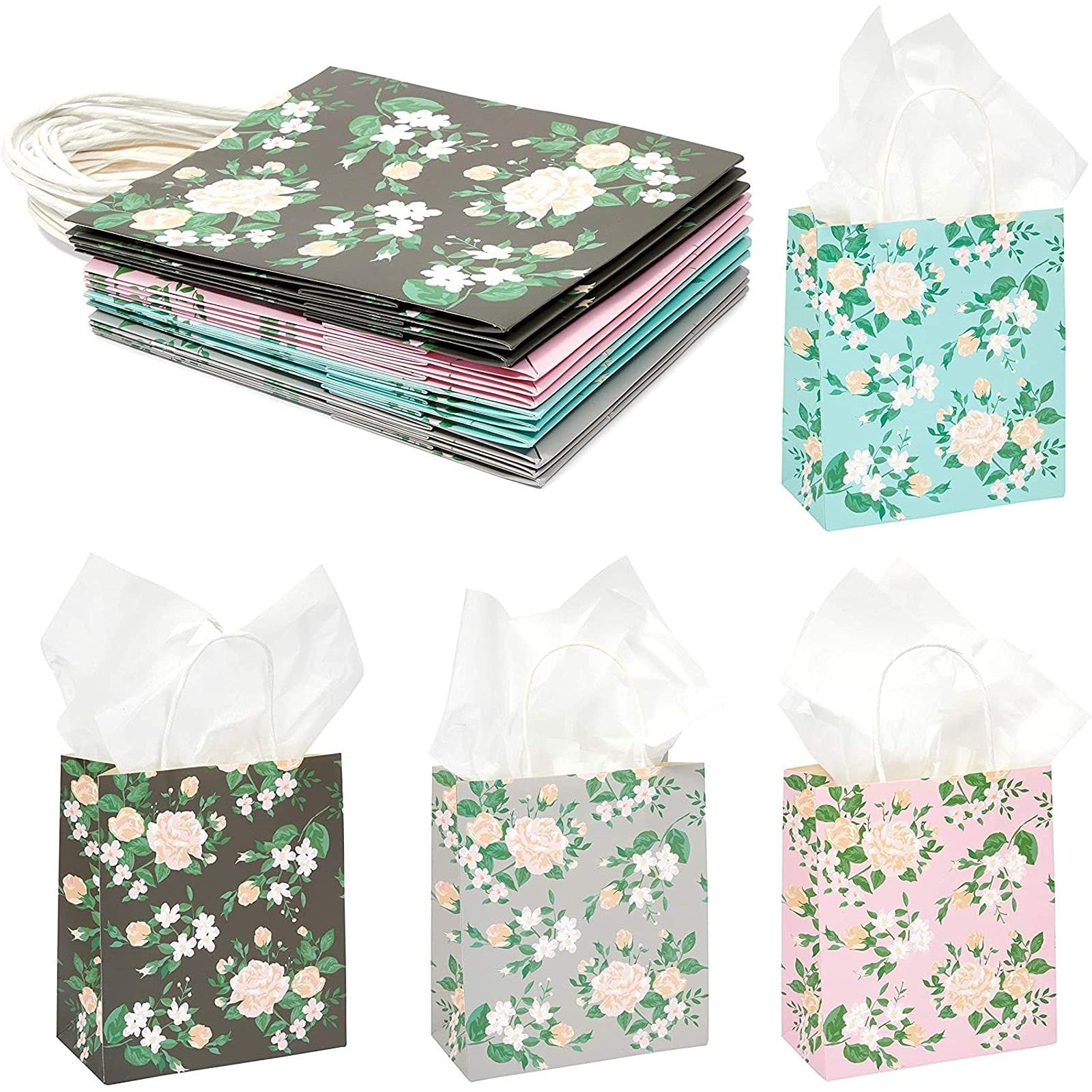 Small Floral Kraft Gift Bags with Handles, 12-Pack of Party Favour Bags in 4 Colours, 20 x 23 x 10 cm