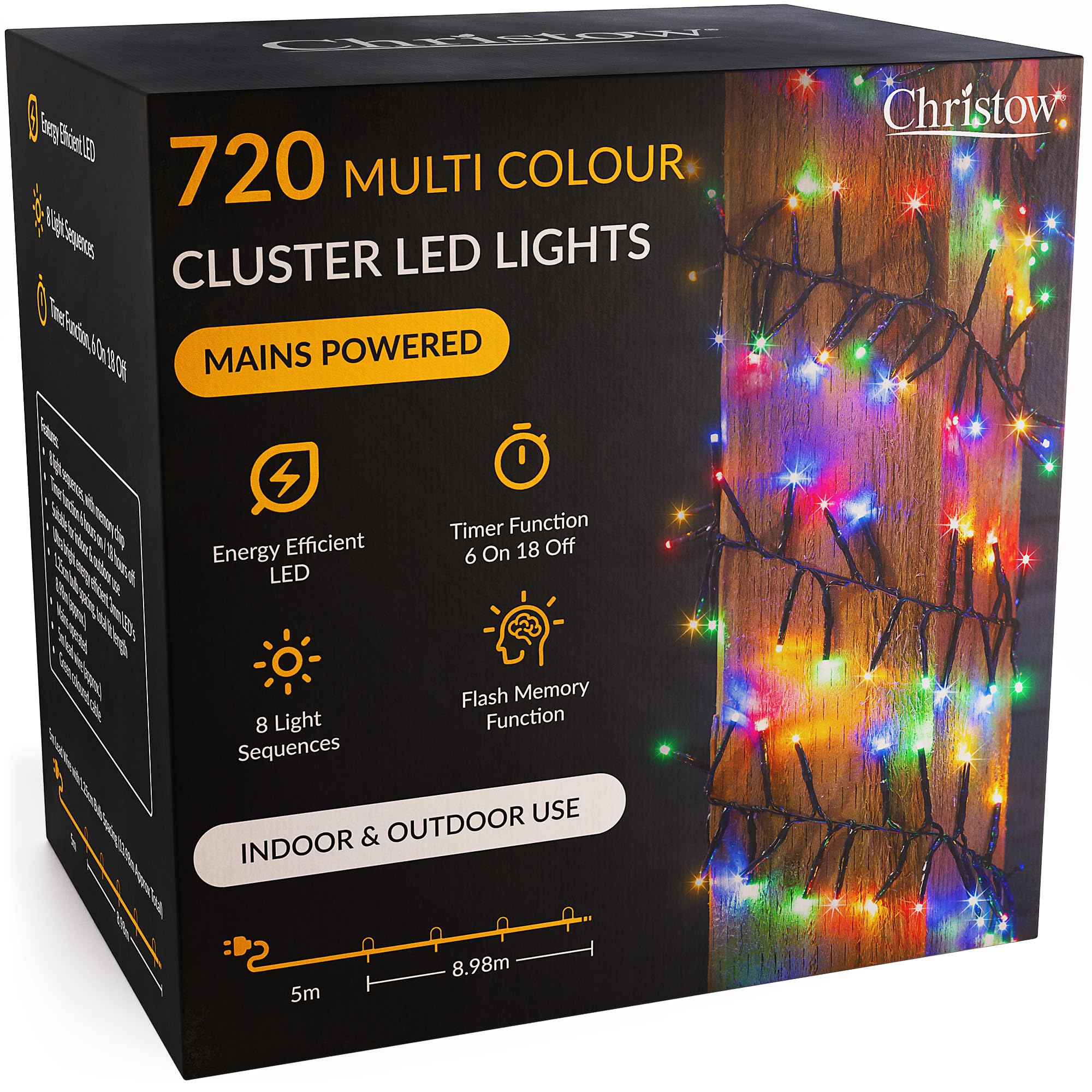 CHRISTOW 720 LED Cluster Christmas Tree Lights, Multi-Coloured Fairy Lights with Timer, 8 Light Modes, Energy Efficient 3mm Micro LEDs, Indoor & Outdoor, Mains Powered, Green Cable, 8.98m Lit Length