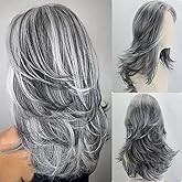 Fencca Silver Grey Wigs For White Women Wavy Layered Wig, Medium-length Salt Pepper Wig With Synthetic Highlight Grey Wave Shaggy Wigs 20Inch Synthetic Hair For Daily Party Use