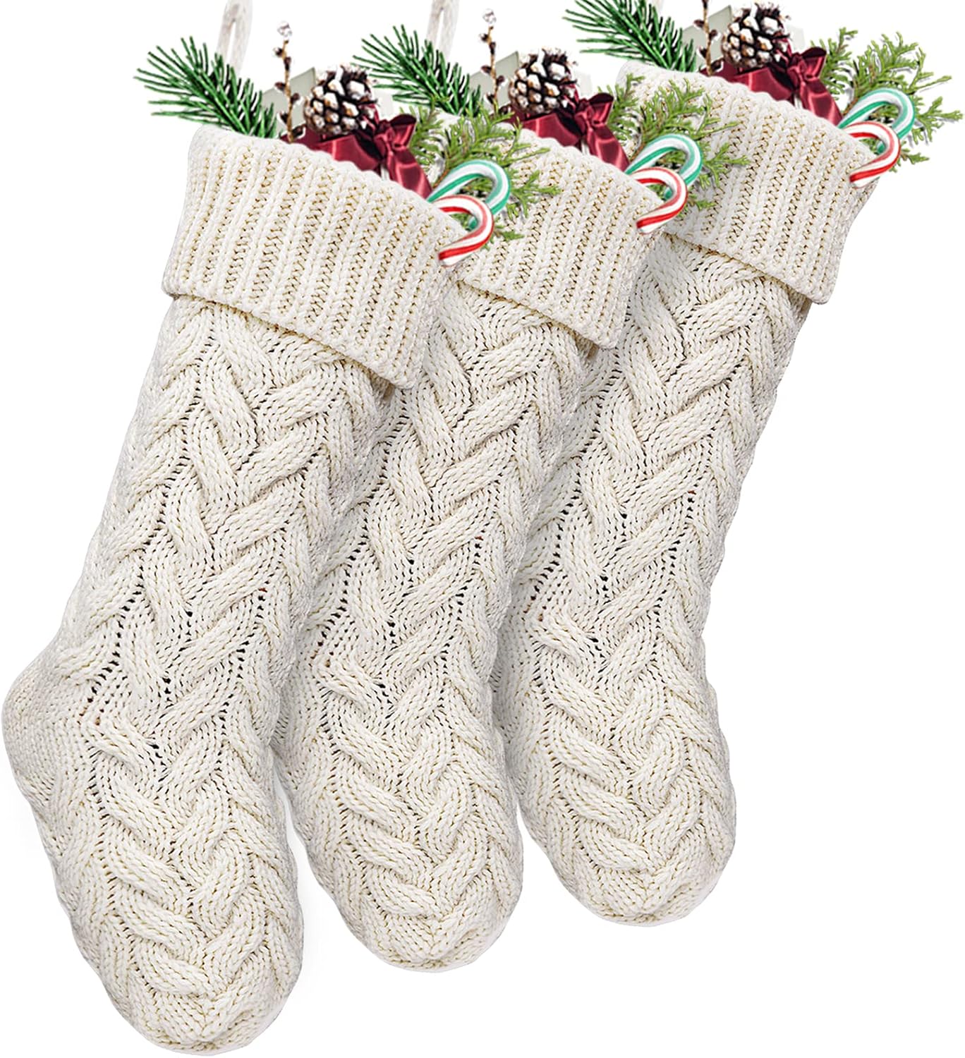 Stockings & Holders - LimBridge Christmas Stockings, 3 Pack 18 inches Large Size Cable Knit Knitted Xmas Rustic Personalized Stocking Decorations for Family Holiday Season Decor,Ivory, Khaki, Grey