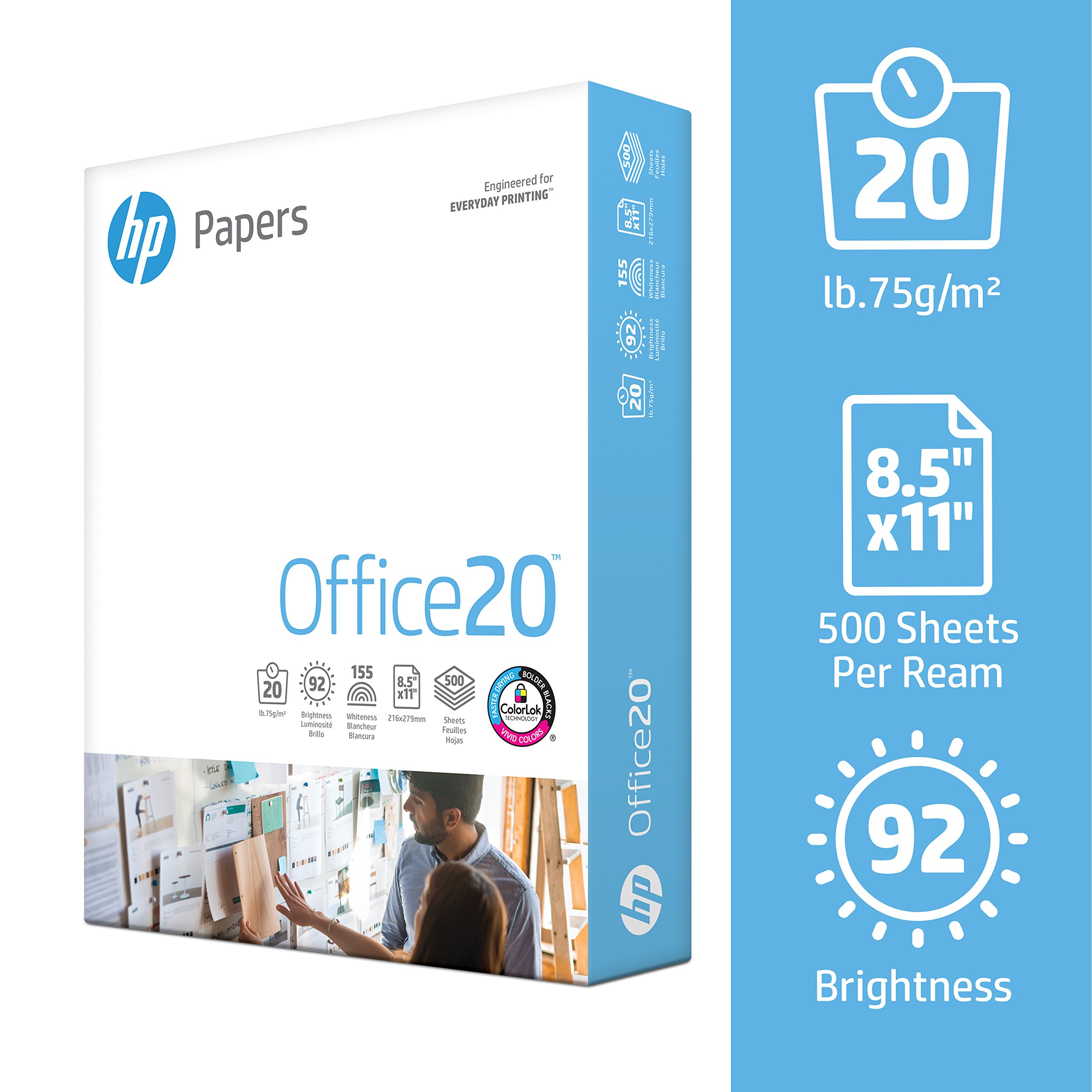 HP Printer Paper, Office20 Paper, 8.5 x 11 Paper, Letter Size, 92 Bright - 1 Ream / 500 Sheets (172160R)