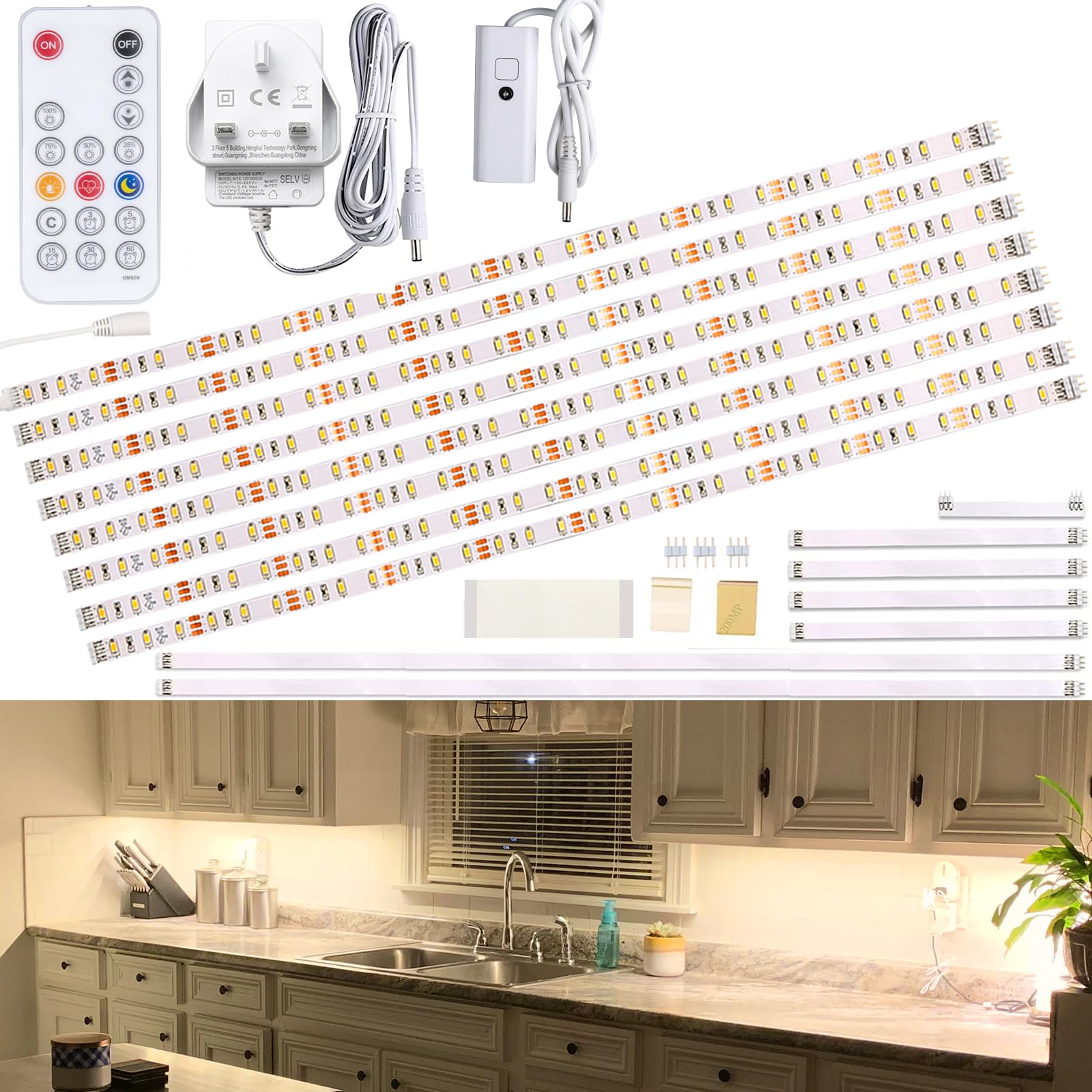 WOBANE Under Counter Light, Dimmable LED Under Cabinet Lighting, 8x50cm LED Strip Light Bars with Remote Control for Kitchen,Shelf,Pantry,Showcase,Desk,Cupboard Timing, 1900LM,4m 4000K Natural White
