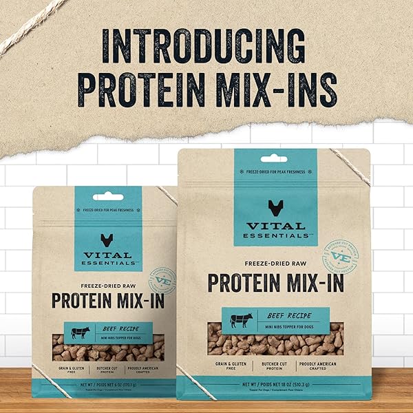 VITAL ESSENTIALS FREEZE DRIED RAW PROTEIN MIX-IN DOG FOOD TOPPER, BEEF MINI NIBS TOPPER FOR DOGS, 6 OZ