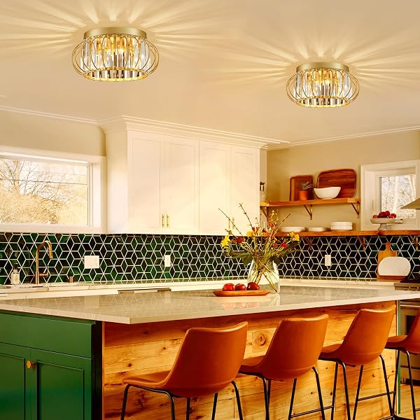 CABVOPE 3-LIGHT MODERN CRYSTAL CHANDELIER GOLD FLUSH MOUNT CEILING LIGHT FIXTURES FOR HALLWAY FOYER BEDROOM KITCHEN DINING ROOM LIVING ROOM, METAL INDOOR CLOSE TO CEILING LAMP