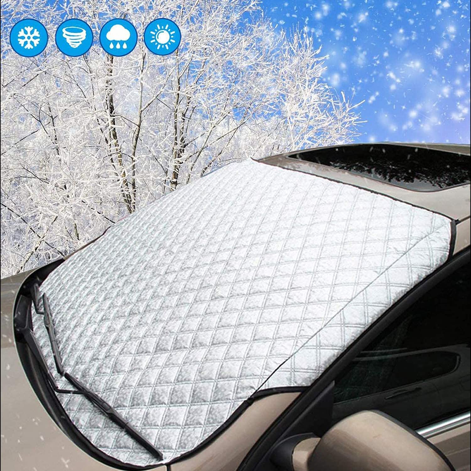 Car Windscreen Cover Sunshades, SMALUCK Car Windshield Cover Sun Shade UV Protective Front Window Cover - Snow Ice Frost Sun UV Dust Water Resistant in all Weather (145x100 cm)
