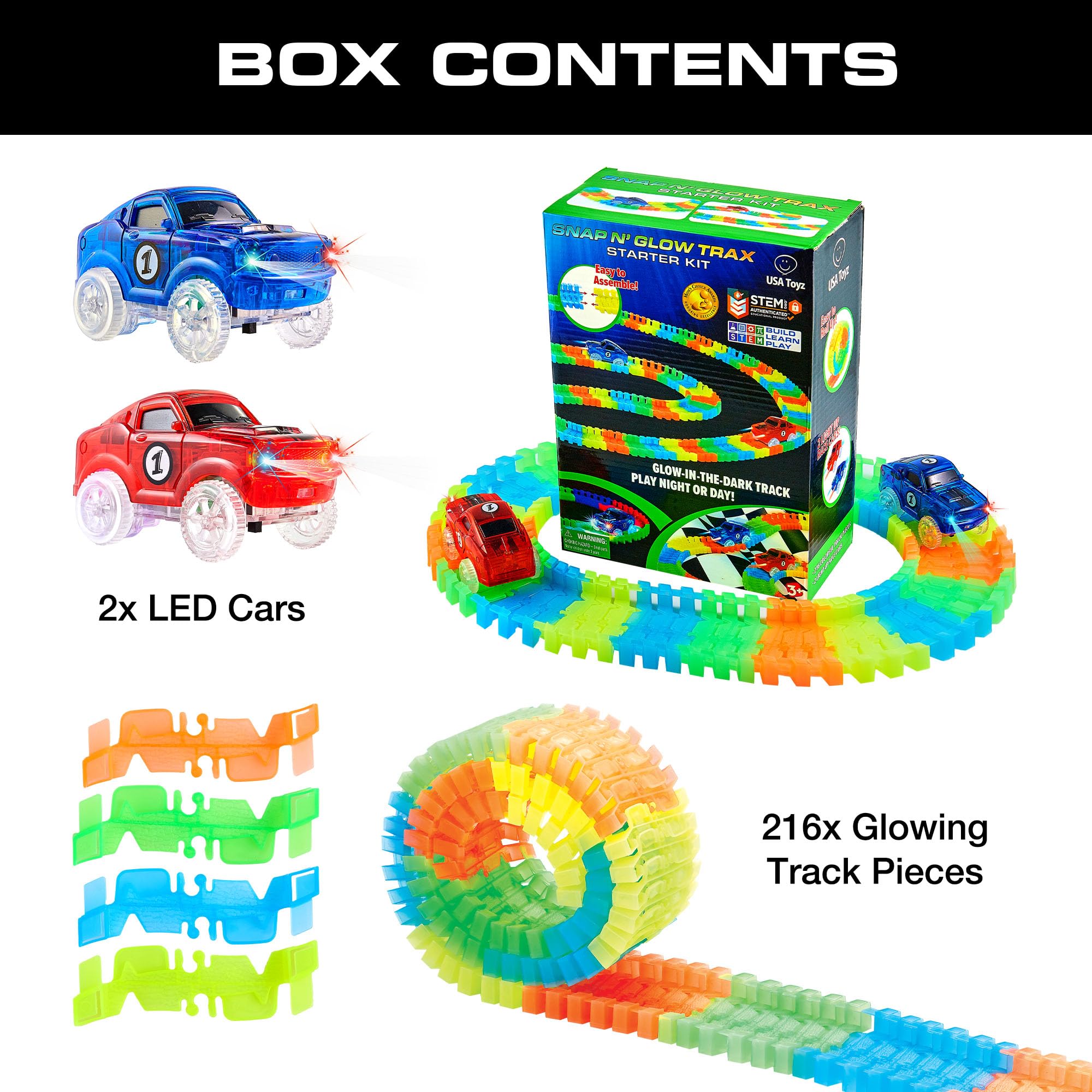 USA Toyz Glow Tracks Starter Kit Race Tracks and 2 LED Toy Cars - 216pk Glow in The Dark Bendable Flexible Rainbow Race Track Set with 2 Light Up Car Toys, STEM Building Toys for Boys and Girls