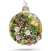 Embossed Roses Bouquet on Pristine White Glass Ball Christmas Ornament 3.25 Inches