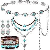 Misdary 6 Pcs Western Turquoise Jewelry for Women Cowgirl Bohemian Turquoise Necklace Concho Earrings Buckle Bracelets with Vintage Chain Belt Adjustable for Country Accessories