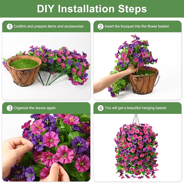 INQCMY ARTIFICIAL FLOWERS FOR OUTDOOR SPRING SUMMER DECORATION FAUX SILK MORNING GLORY FAKE HANGING FLOWERS UV RESISTANT LOOK REAL FOR HOME PORCH (3PCS FUCHSIA&PURPLE +1 BASKET)