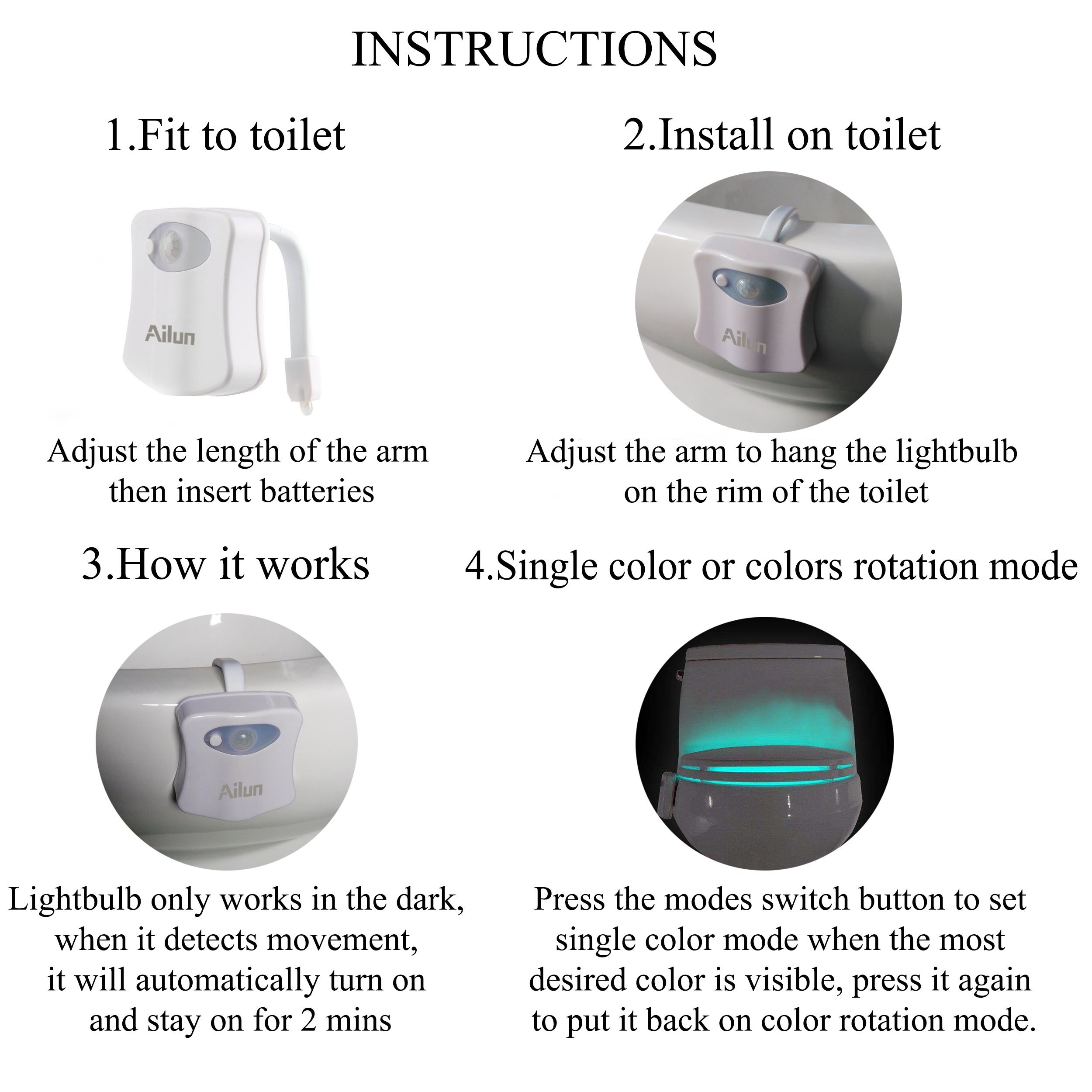 Toilet Night Light 2Pack by Ailun Motion Sensor Activated LED, 8 Colors