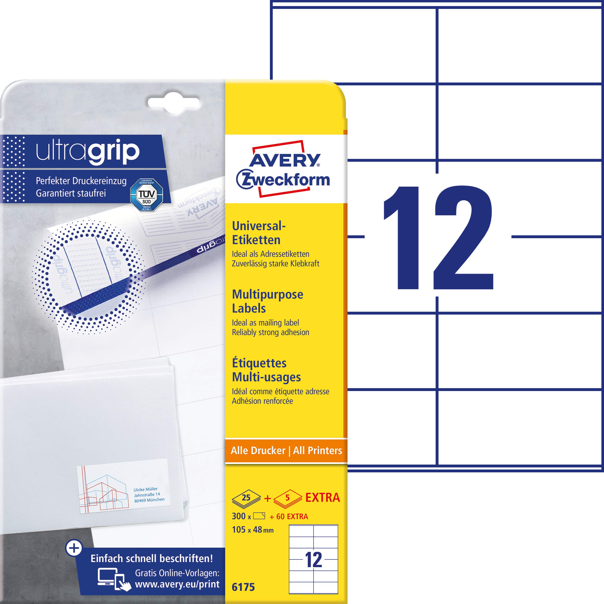 Avery Zweckform 6175 Universal Labels 25 Sheets / 300 Labels / 105 x 48 mm White
