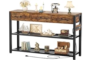 Ecoprsio 47'' Entryway Table with Outlets and USB Ports, Console Table with 3 Drawers, Sofa Table Narrow Long with Storage Shelves for Living Room, Couch, Hallway, Foyer, Kitchen Counter, Rustic Brown