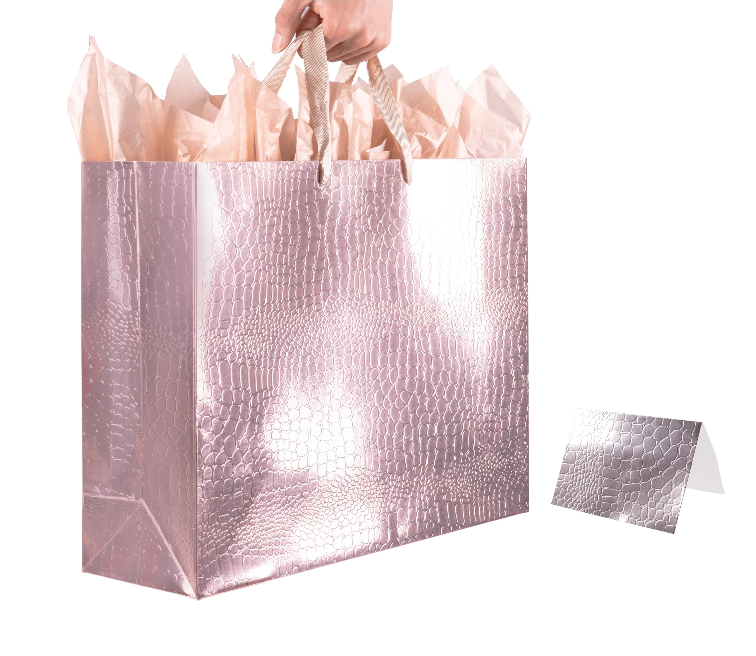 Photo 1 of Lyforpyton Extra Large Rose Gold Gift Bags with Tissue Paper and Card 17"x12.6"x5.1" Alligator Pattern Gift Paper Bag 