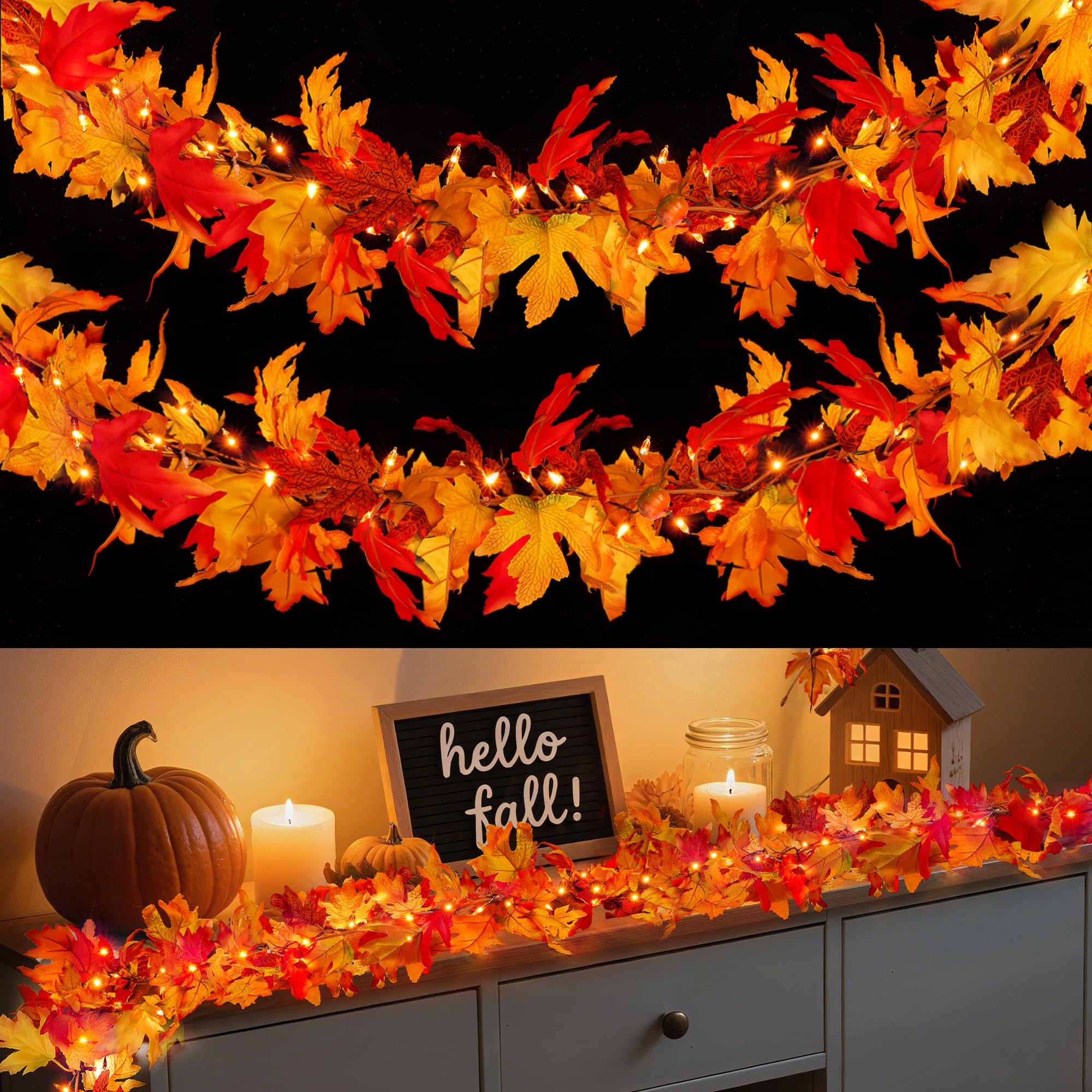 Photo 1 of BlcTec Fall Decorations for Home 9 FT Battery Operated Fall Garland with Lights 50 LED Orange Bulbs, 6 Pumpkins, 8 Modes, Timer, Lighted Fall Maple Leaves Garland for Thanksgiving Christmas Decoration