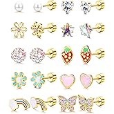 FIASASO Hypoallergenic Flat Back Earrings for Girls Kids Toddler Women 10 Pair Surgical Stainless Steel Screw Back Stud Earrings for Sensitive Ears Cute Flower Butterfly Stud Earring Screwback Girl Earrings Toddler Jewelry age:over 4 years old