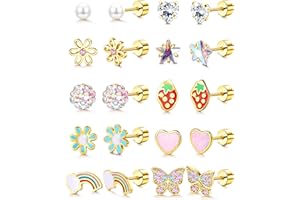 FIASASO Hypoallergenic Flat Back Earrings for Girls Kids Toddler Women 10 Pair Surgical Stainless Steel Screw Back Stud Earrings for Sensitive Ears Cute Flower Butterfly Stud Earring Screwback Girl Earrings Toddler Jewelry age：over 4 years old