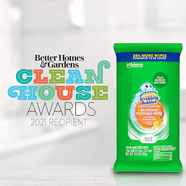 SCRUBBING BUBBLES ANTIBACTERIAL BATHROOM FLUSHABLE WIPES, FLUSHABLE AND RESEALABLE CLEANING WIPES, CITRUS ACTION, 36 WIPES