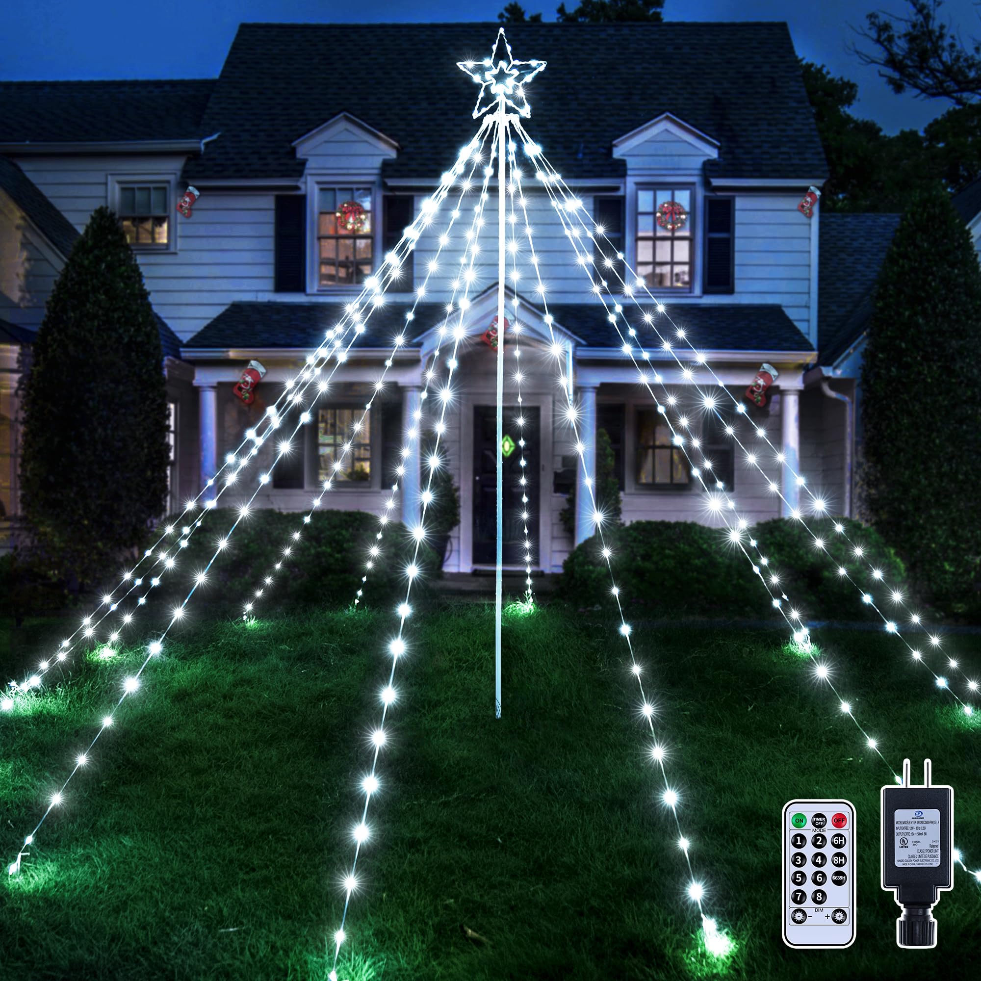 Photo 1 of Ollny Christmas Lights Tree 340LED with Topper Star, IP67 Waterproof Remote Control Waterfall Lights with Pole, 8 Modes 3 Timers Dimmable Christmas Decorations for Outdoor Yard Garden Lawn(Cool White)